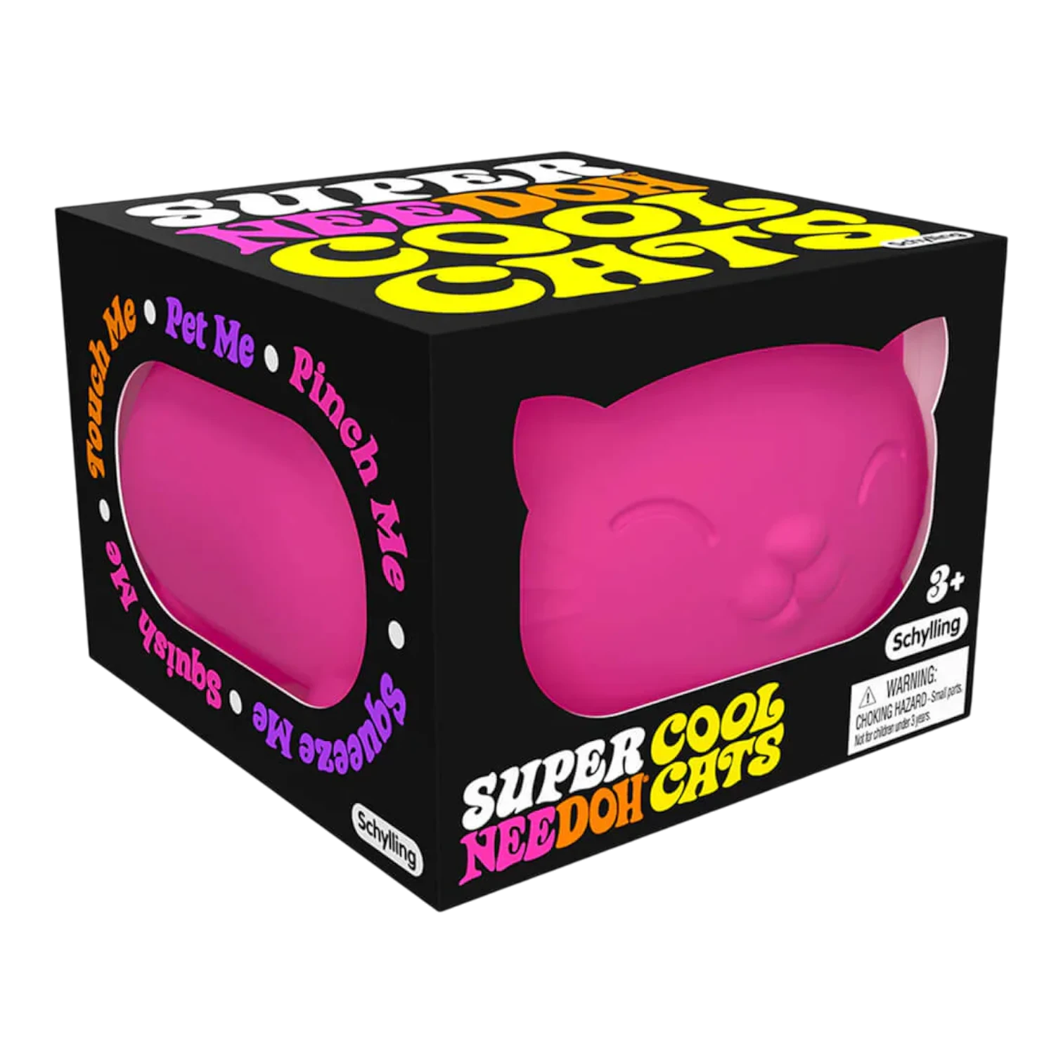 Squish Planet NeeDoh Cool Cat fidget toy in bright pink, a squishy sensory toy shaped like a cat's head.